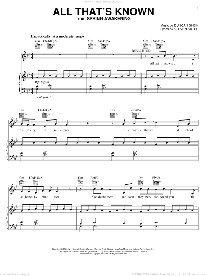 All That's Known sheet music for voice, piano or guitar by Duncan Sheik, Spring Awakening (Musical) and Steven Sater, intermediate skill level