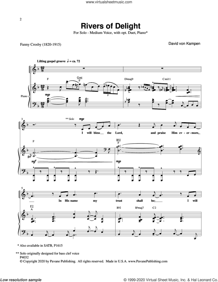 Rivers Of Delight sheet music for voice and piano by David Von Kampen and Fanny Crosby, intermediate skill level