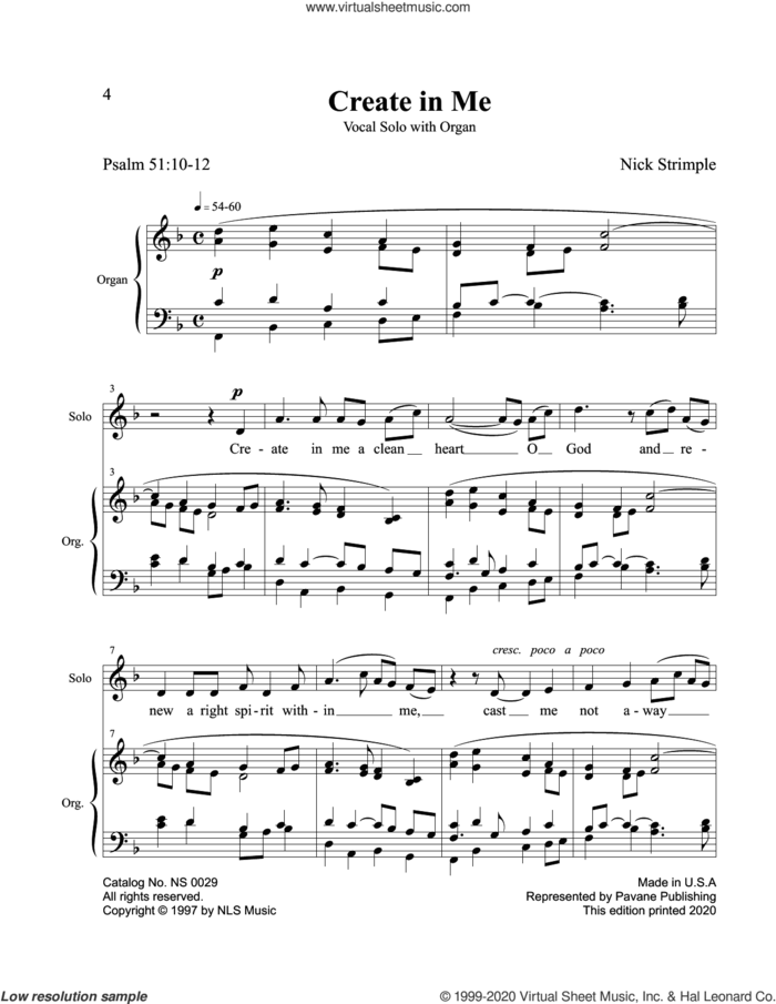 Create In Me sheet music for voice and piano by Nick Strimple and Psalm 51, intermediate skill level