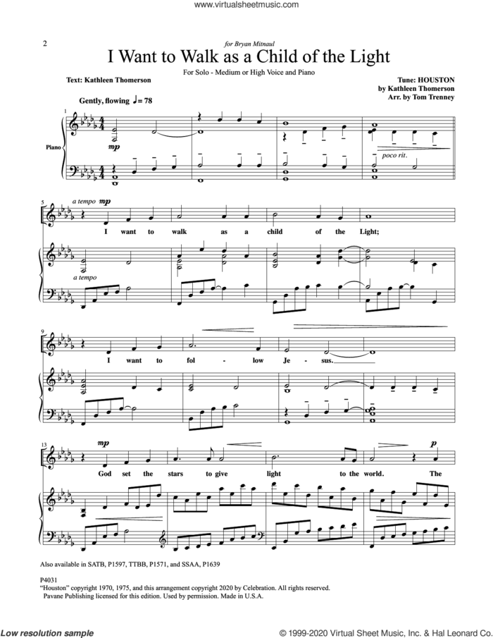 I Want To Walk As A Child Of The Light sheet music for voice and piano by Kathleen Thomerson and Tom Trenney, intermediate skill level