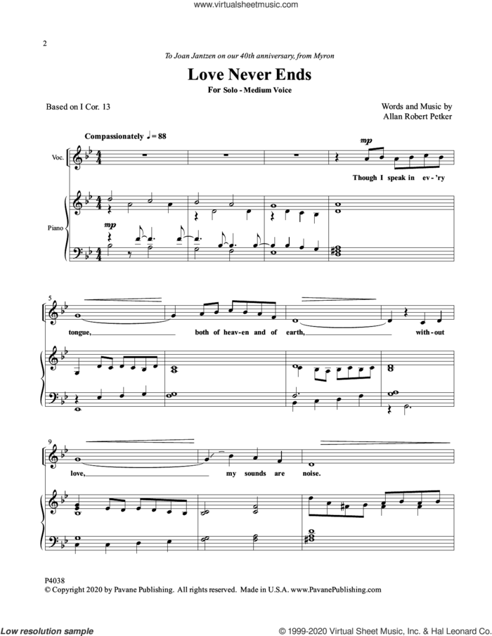 Love Never Ends sheet music for voice and piano by Allan Robert Petker, wedding score, intermediate skill level