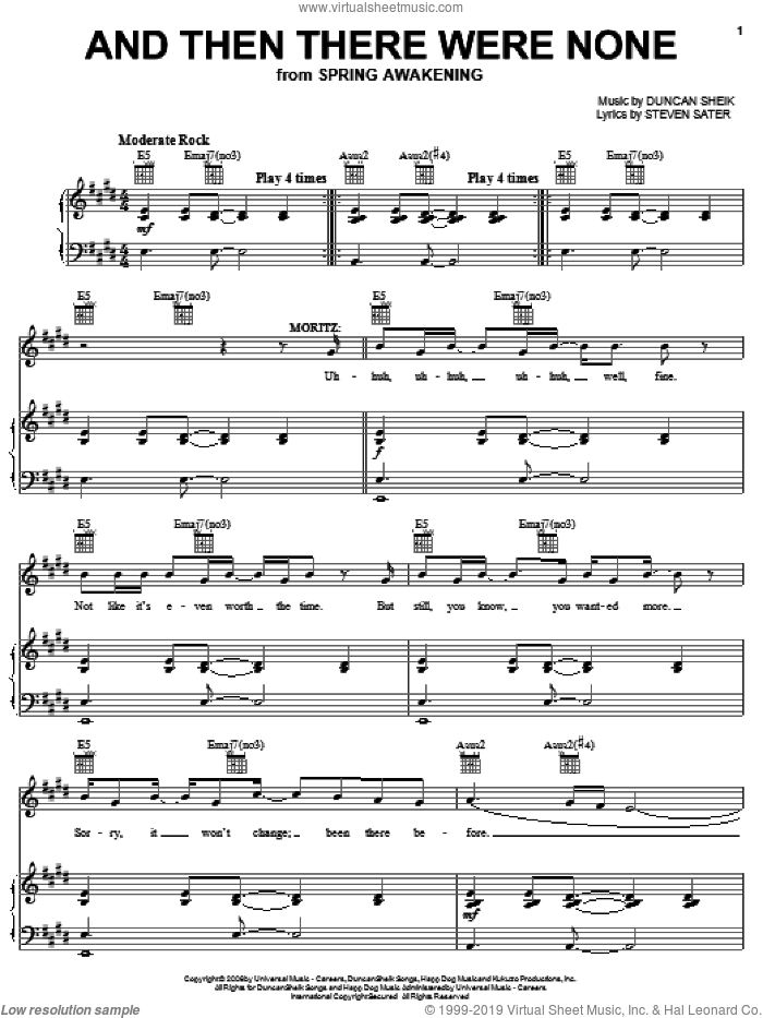 And Then There Were None sheet music for voice, piano or guitar by Duncan Sheik, Spring Awakening (Musical) and Steven Sater, intermediate skill level