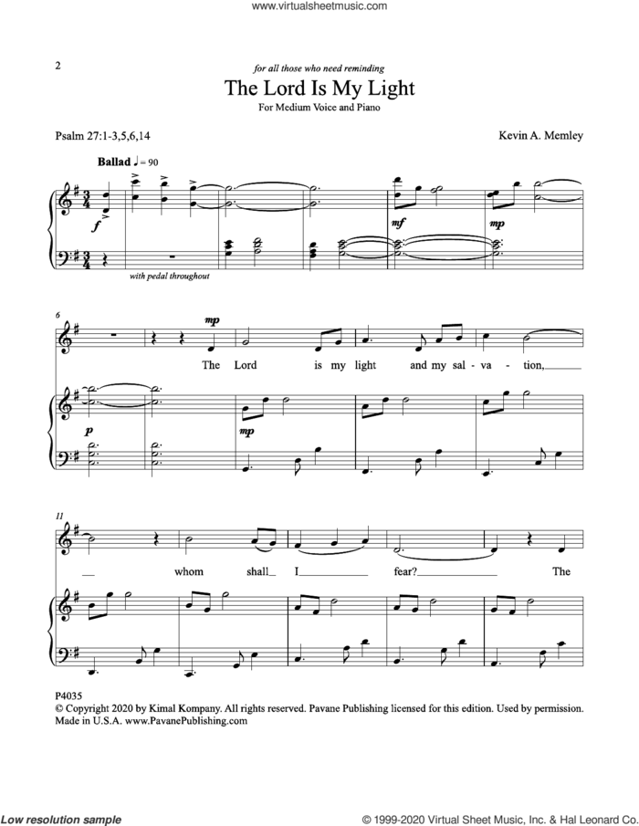 The Lord Is My Light sheet music for voice and piano by Kevin A. Memley, intermediate skill level