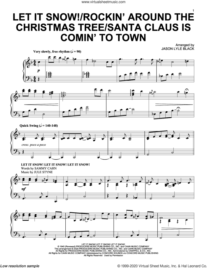 Let It Snow!/Rockin' Around the Christmas Tree/Santa Claus Is Comin' To Town sheet music for piano solo by Sammy Cahn, Jason Lyle Black, Haven Gillespie, J. Fred Coots, Johnny Marks and Jule Styne, intermediate skill level