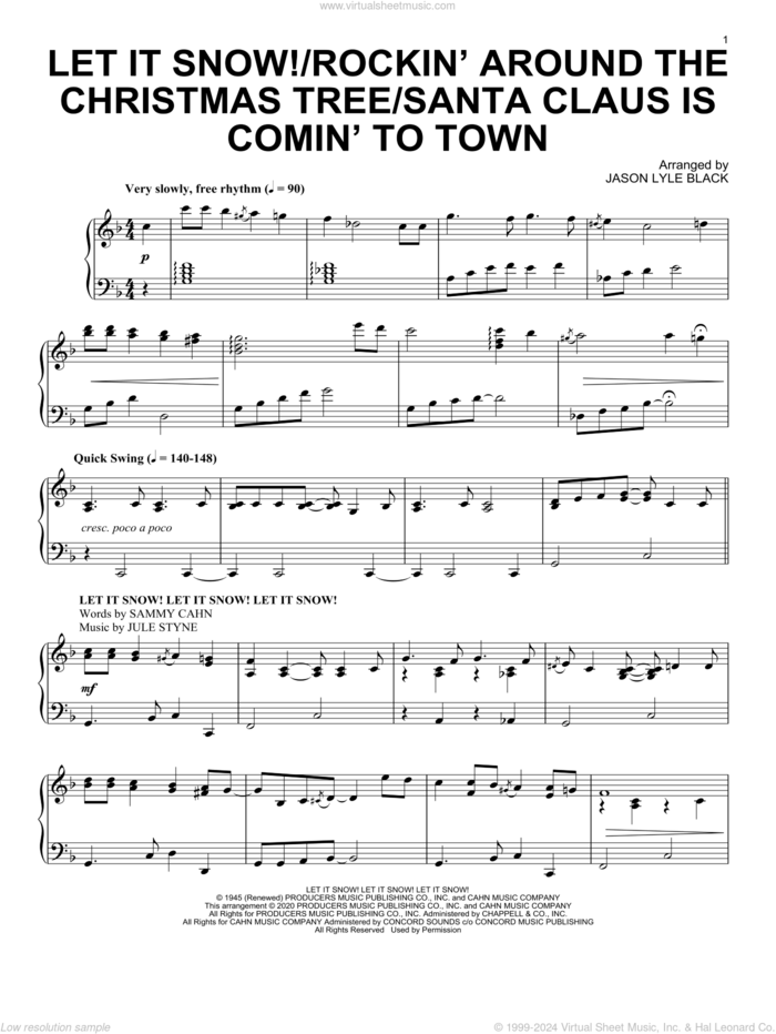 Let It Snow!/Rockin' Around the Christmas Tree/Santa Claus Is Comin' To Town sheet music for piano solo by Sammy Cahn, Jason Lyle Black, Haven Gillespie, J. Fred Coots, Johnny Marks and Jule Styne, intermediate skill level