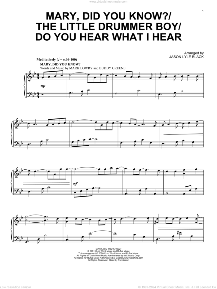 Mary, Did You Know?/The Little Drummer Boy/Do You Hear What I Hear sheet music for piano solo by Katherine Davis, Jason Lyle Black, Buddy Greene, Gloria Shayne, Harry Simeone, Henry Onorati, Mark Lowry and Noel Regney, intermediate skill level