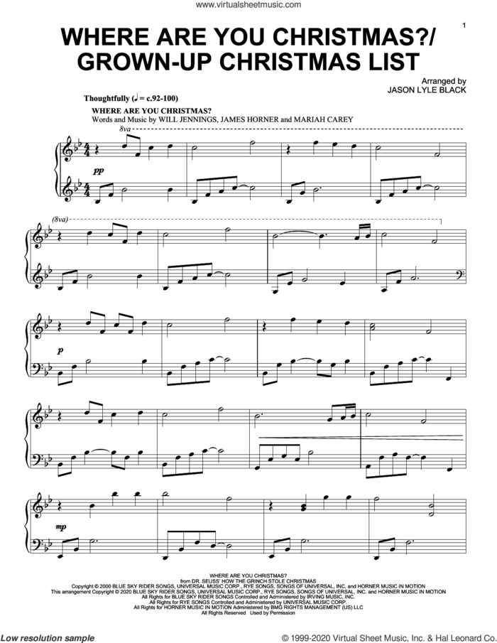 Where Are You Christmas?/Grown-Up Christmas List sheet music for piano solo by Mariah Carey, Jason Lyle Black, Amy Grant, Faith Hill, David Foster, James Horner, Linda Thompson-Jenner and Will Jennings, intermediate skill level