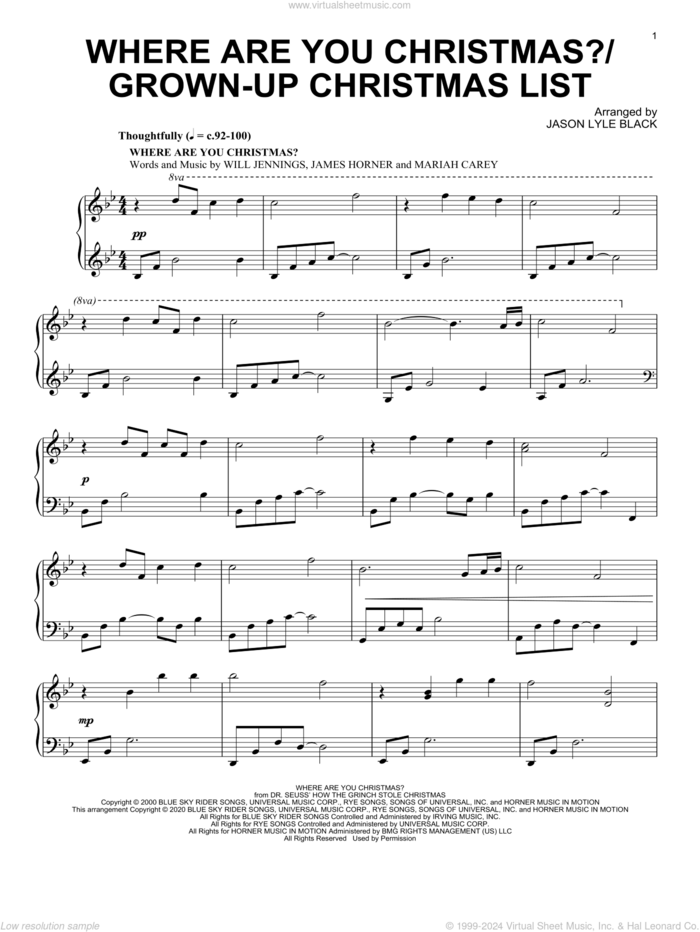 Where Are You Christmas?/Grown-Up Christmas List sheet music for piano solo by Mariah Carey, Jason Lyle Black, Amy Grant, Faith Hill, David Foster, James Horner, Linda Thompson-Jenner and Will Jennings, intermediate skill level