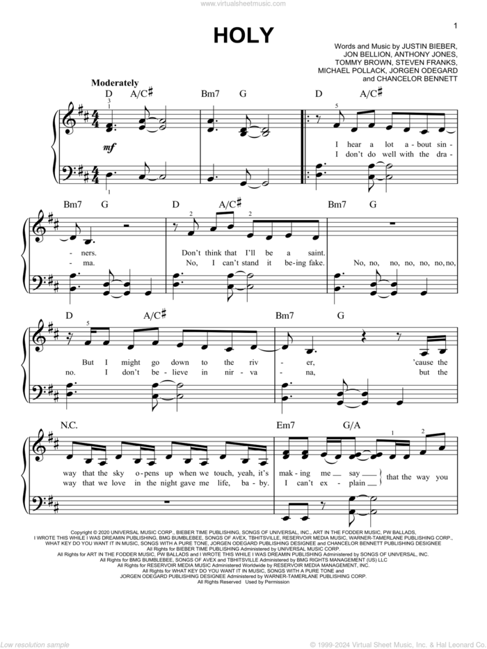 Holy (feat. Chance the Rapper), (easy) sheet music for piano solo by Justin Bieber, Chance The Rapper, Chancelor Bennett, Jon Bellion, Jorgen Odegard, Steven Franks and Tommy Brown, easy skill level