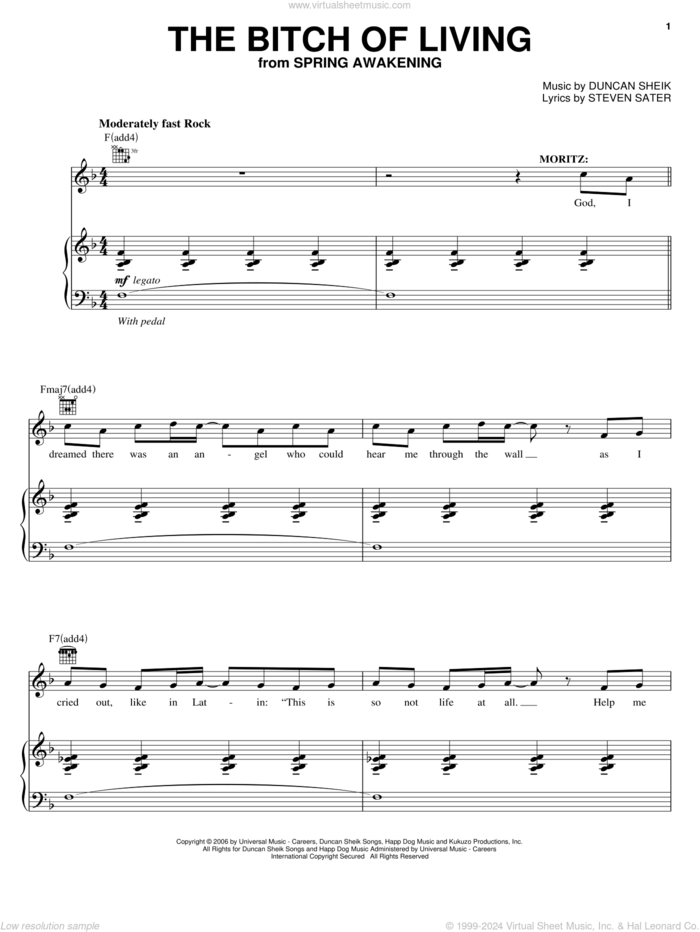 The Bitch Of Living sheet music for voice, piano or guitar by Duncan Sheik, Spring Awakening (Musical) and Steven Sater, intermediate skill level