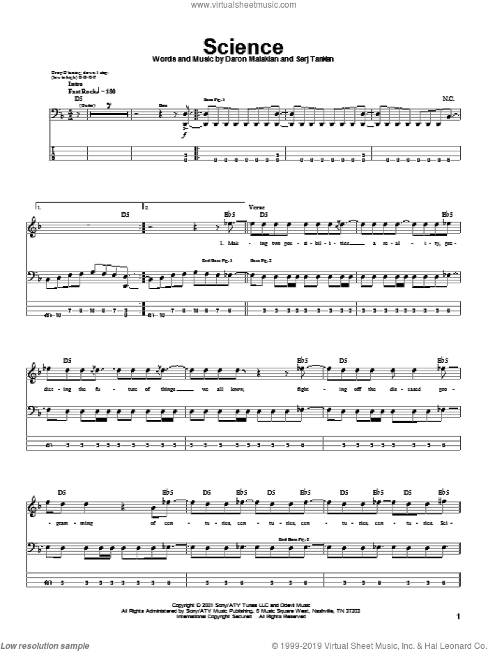 Science sheet music for bass (tablature) (bass guitar) by System Of A Down, Daron Malakian and Serj Tankian, intermediate skill level