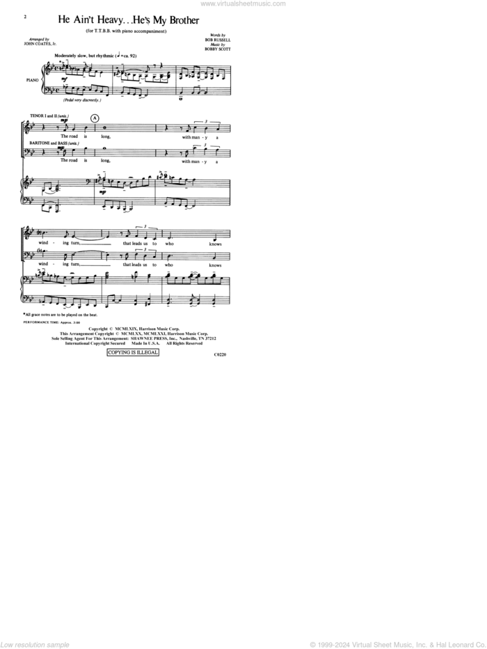 He Ain't Heavy, He's My Brother (arr. John Coates, Jr.) sheet music for choir (TTBB: tenor, bass) by Bob Russell, John Coates, Jr., Neil Diamond, The Hollies, Bobby Scott and Bob Russell and Bobby Scott, intermediate skill level