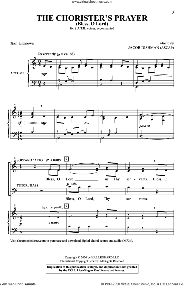 The Chorister's Prayer (Bless, O Lord) sheet music for choir (SATB: soprano, alto, tenor, bass) by Jacob Dishman and Anonymous, intermediate skill level