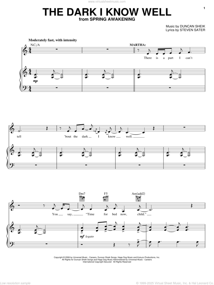 The Dark I Know Well sheet music for voice, piano or guitar by Duncan Sheik, Spring Awakening (Musical) and Steven Sater, intermediate skill level