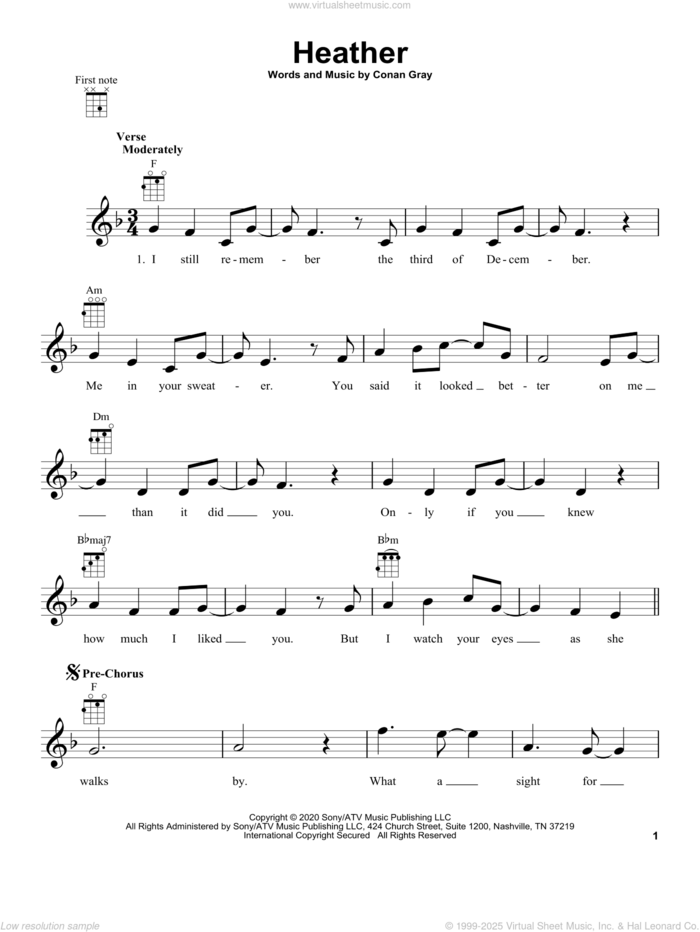 Heather sheet music for ukulele by Conan Gray, intermediate skill level