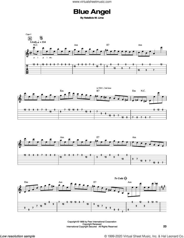 Blue Angel sheet music for guitar (tablature) by Chet Atkins and Natalicio M. Lima, intermediate skill level