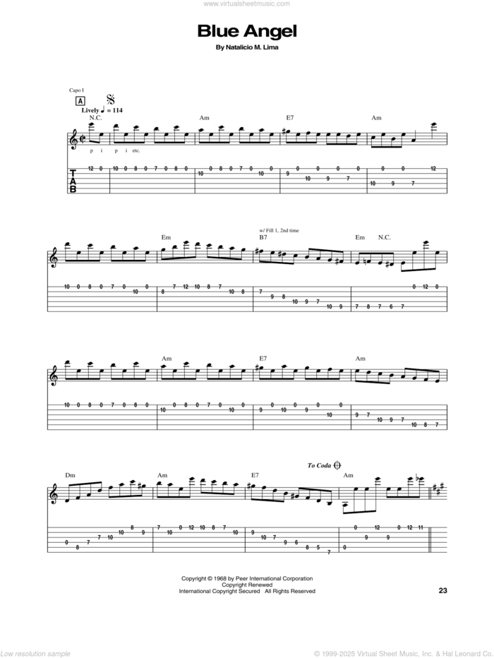 Blue Angel sheet music for guitar (tablature) by Chet Atkins and Natalicio M. Lima, intermediate skill level