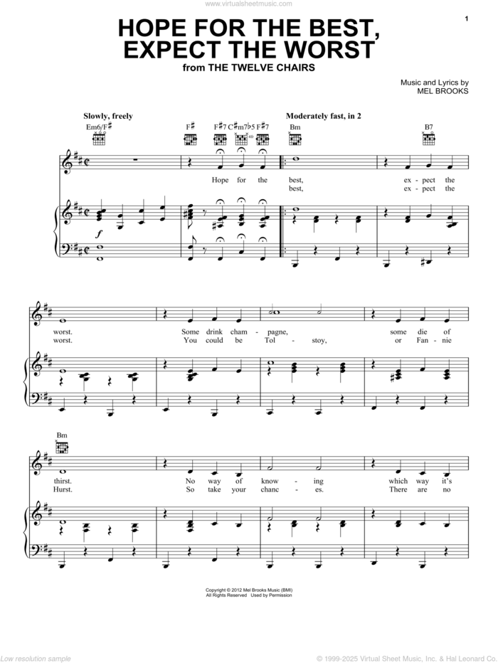 Hope For The Best, Expect The Worst (from The Twelve Chairs) sheet music for voice, piano or guitar by Mel Brooks, intermediate skill level