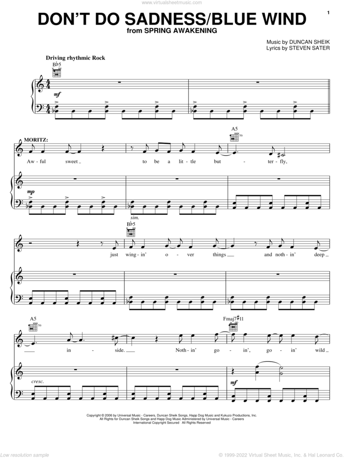 Don't Do Sadness/Blue Wind sheet music for voice, piano or guitar by Duncan Sheik, Spring Awakening (Musical) and Steven Sater, intermediate skill level