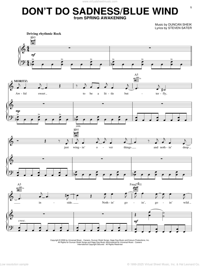 Don't Do Sadness/Blue Wind sheet music for voice, piano or guitar by Duncan Sheik, Spring Awakening (Musical) and Steven Sater, intermediate skill level