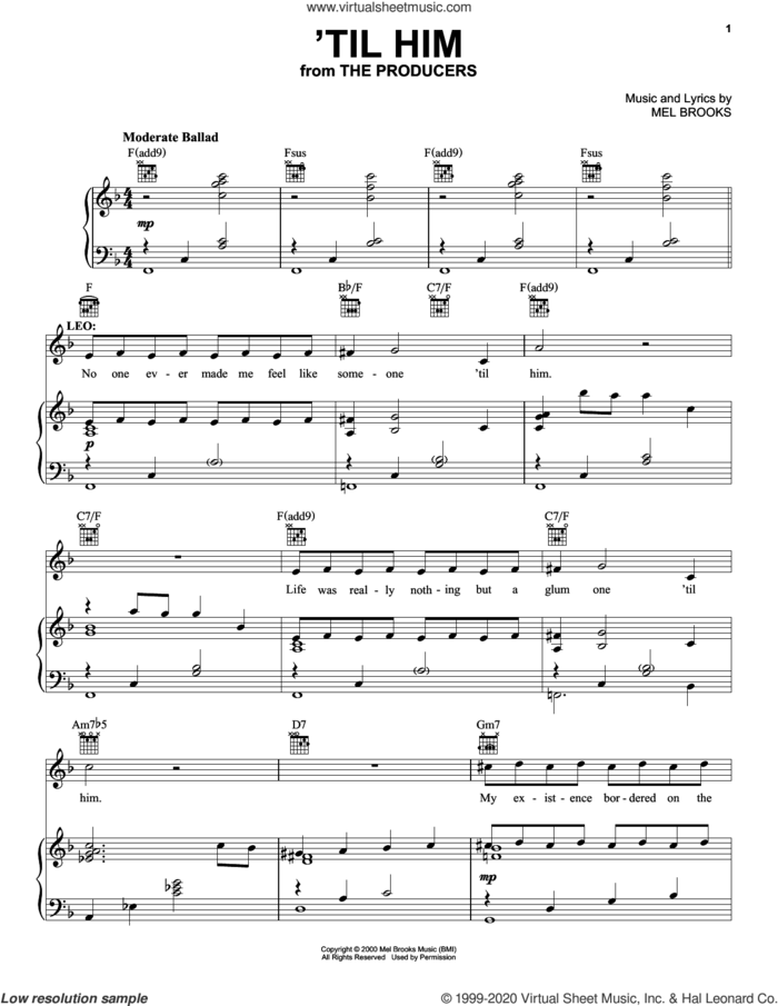 'Til Him (from The Producers) sheet music for voice, piano or guitar by Mel Brooks, intermediate skill level