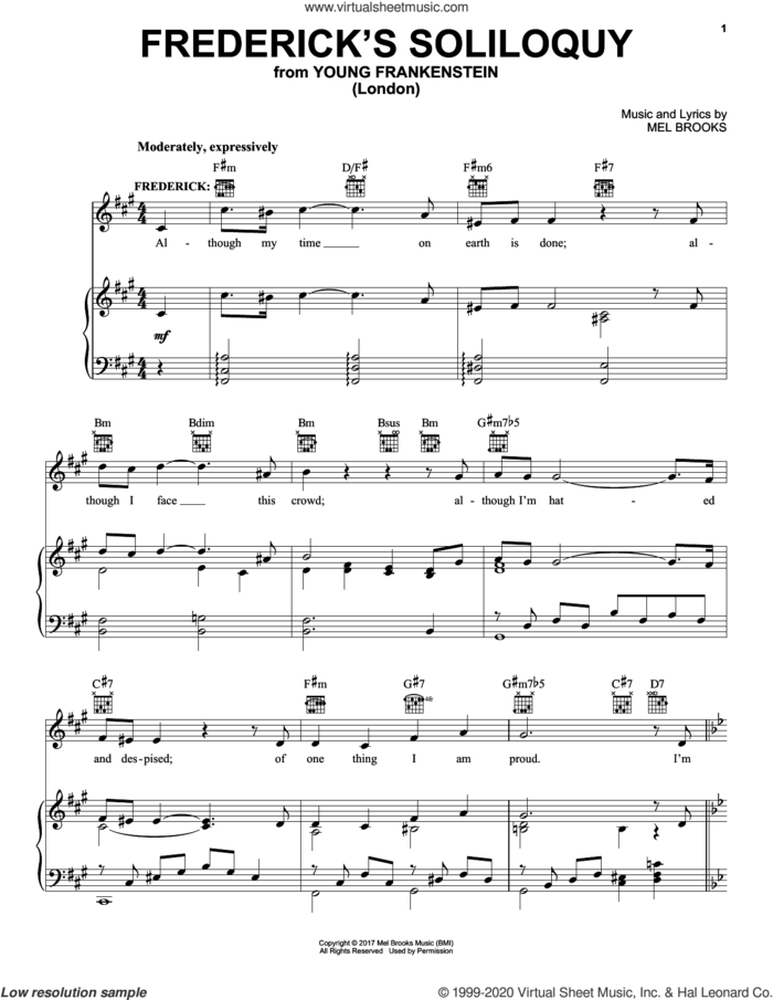 Frederick's Soliloquy (from Young Frankenstein) sheet music for voice, piano or guitar by Mel Brooks, intermediate skill level