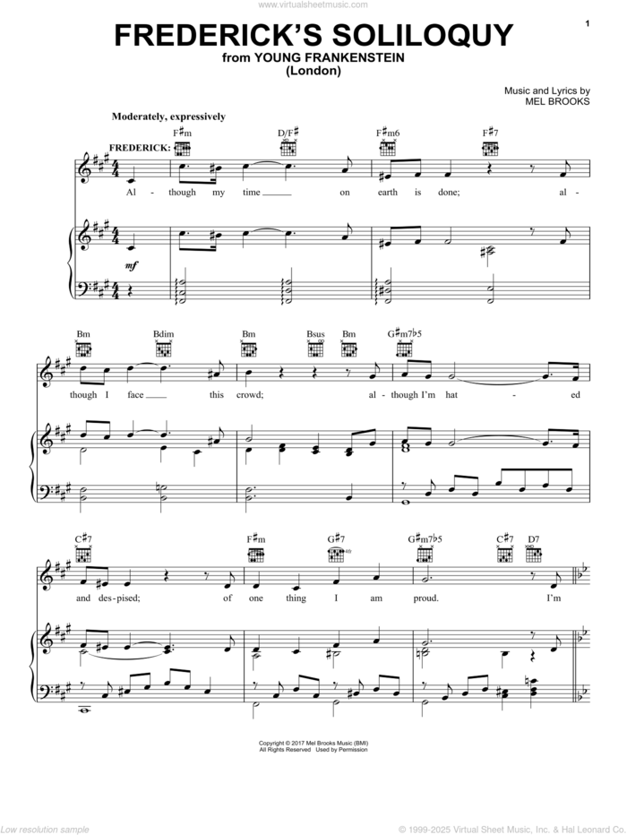 Frederick's Soliloquy (from Young Frankenstein) sheet music for voice, piano or guitar by Mel Brooks, intermediate skill level