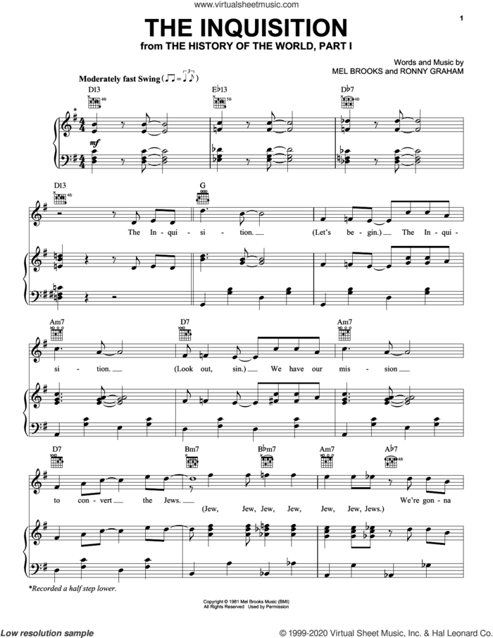 The Inquisition (from The History Of The World, Part I) sheet music for voice, piano or guitar by Mel Brooks and Ronny Graham, intermediate skill level