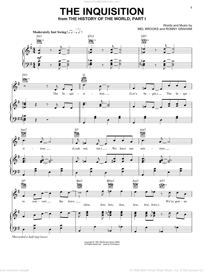 The Inquisition (from The History Of The World, Part I) sheet music for voice, piano or guitar by Mel Brooks and Ronny Graham, intermediate skill level