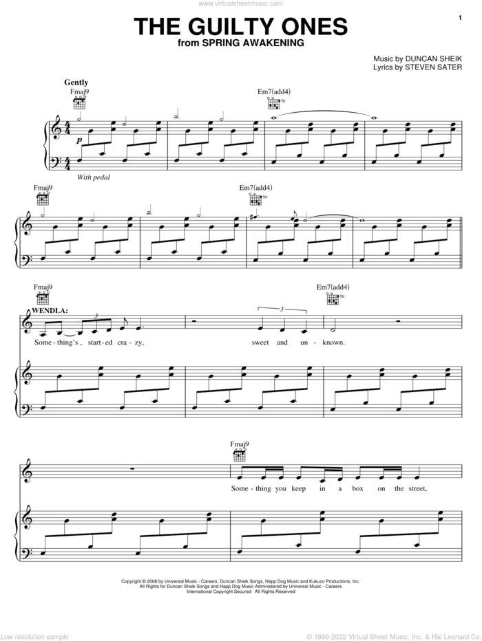 The Guilty Ones sheet music for voice, piano or guitar by Duncan Sheik, Spring Awakening (Musical) and Steven Sater, intermediate skill level