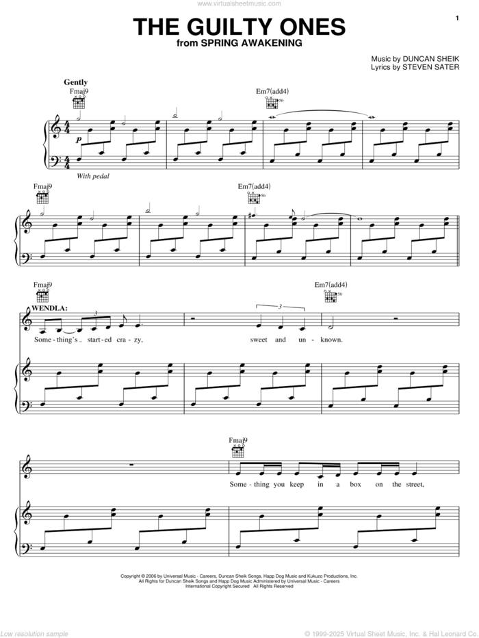 The Guilty Ones sheet music for voice, piano or guitar by Duncan Sheik, Spring Awakening (Musical) and Steven Sater, intermediate skill level