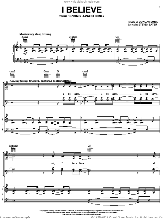 I Believe sheet music for voice, piano or guitar by Duncan Sheik, Spring Awakening (Musical) and Steven Sater, intermediate skill level