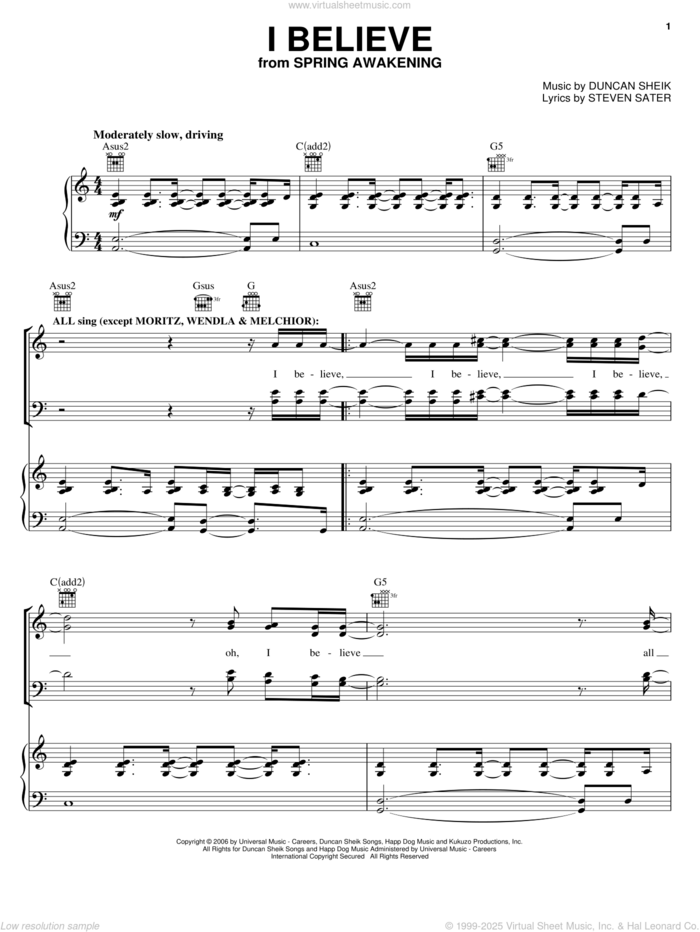 I Believe sheet music for voice, piano or guitar by Duncan Sheik, Spring Awakening (Musical) and Steven Sater, intermediate skill level