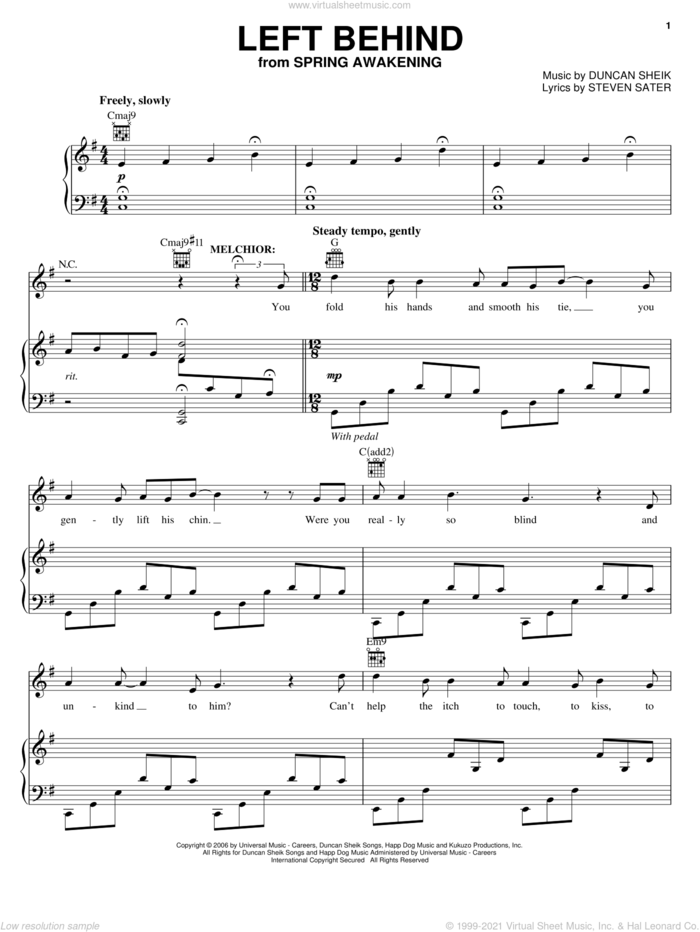 Left Behind sheet music for voice, piano or guitar by Duncan Sheik, Spring Awakening (Musical) and Steven Sater, intermediate skill level