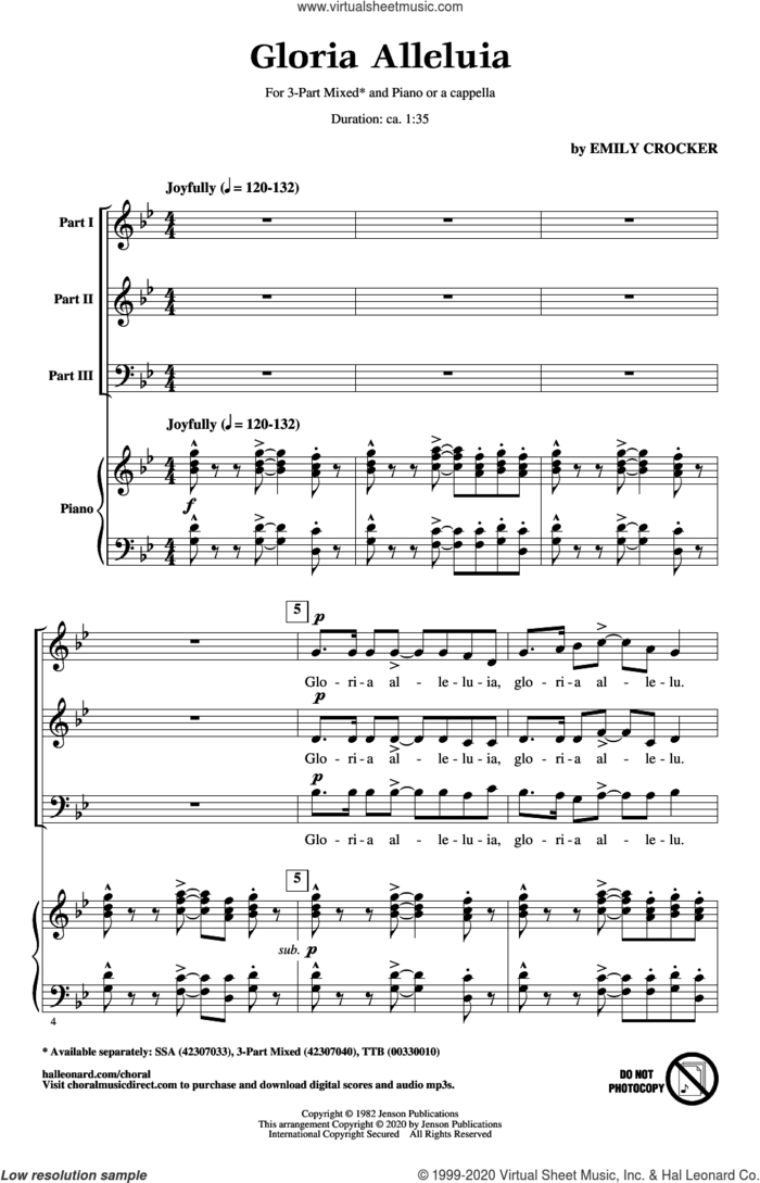 Gloria Alleluia sheet music for choir (3-Part Mixed) by Emily Crocker, intermediate skill level