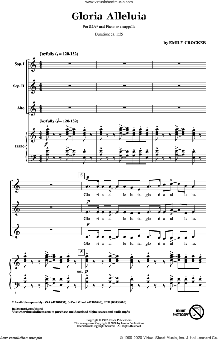 Gloria Alleluia sheet music for choir (SSA: soprano, alto) by Emily Crocker, intermediate skill level