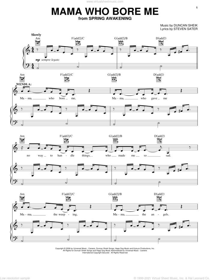Mama Who Bore Me sheet music for voice, piano or guitar by Duncan Sheik, Spring Awakening (Musical) and Steven Sater, intermediate skill level