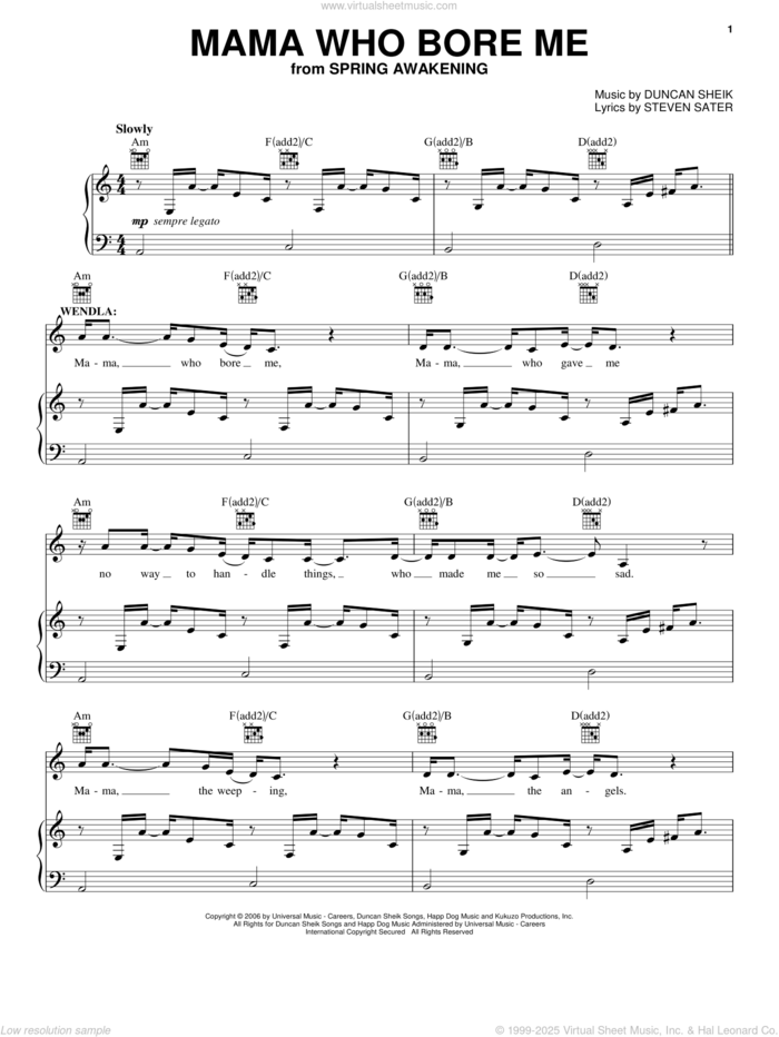 Mama Who Bore Me sheet music for voice, piano or guitar by Duncan Sheik, Spring Awakening (Musical) and Steven Sater, intermediate skill level