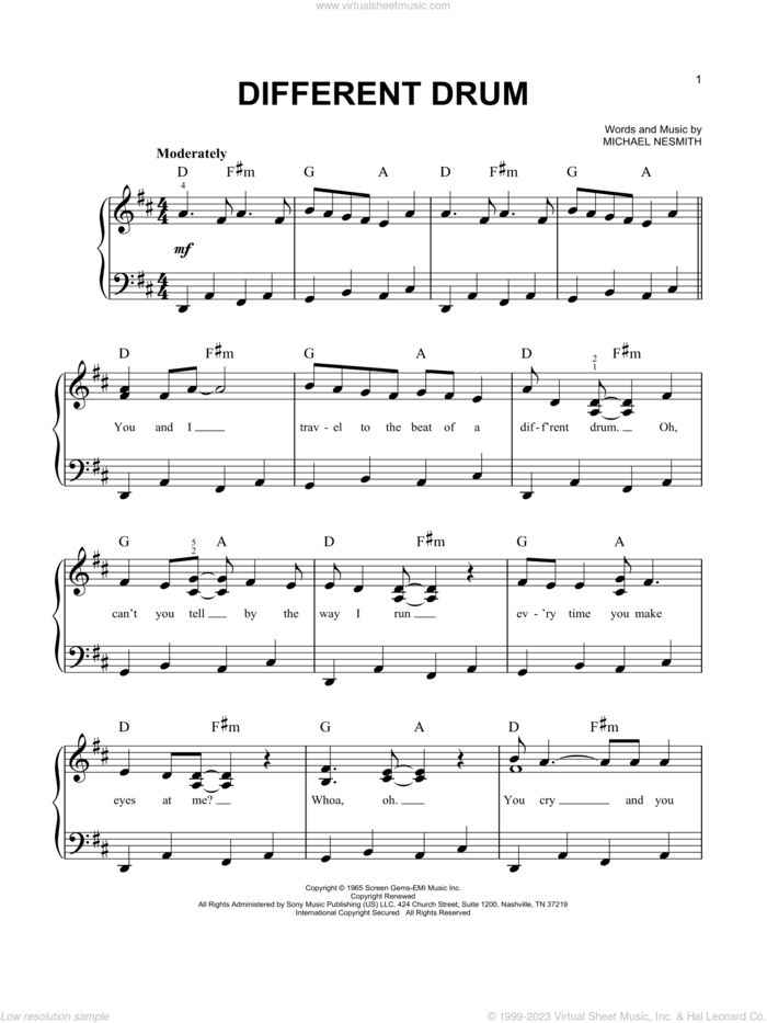 Different Drum (feat. Linda Rondstadt) sheet music for piano solo by Stone Poneys and Michael Nesmith, easy skill level