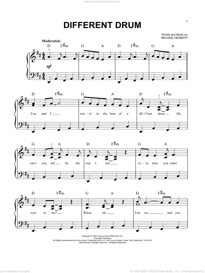 Different Drum (feat. Linda Rondstadt) sheet music for piano solo by Stone Poneys and Michael Nesmith, easy skill level