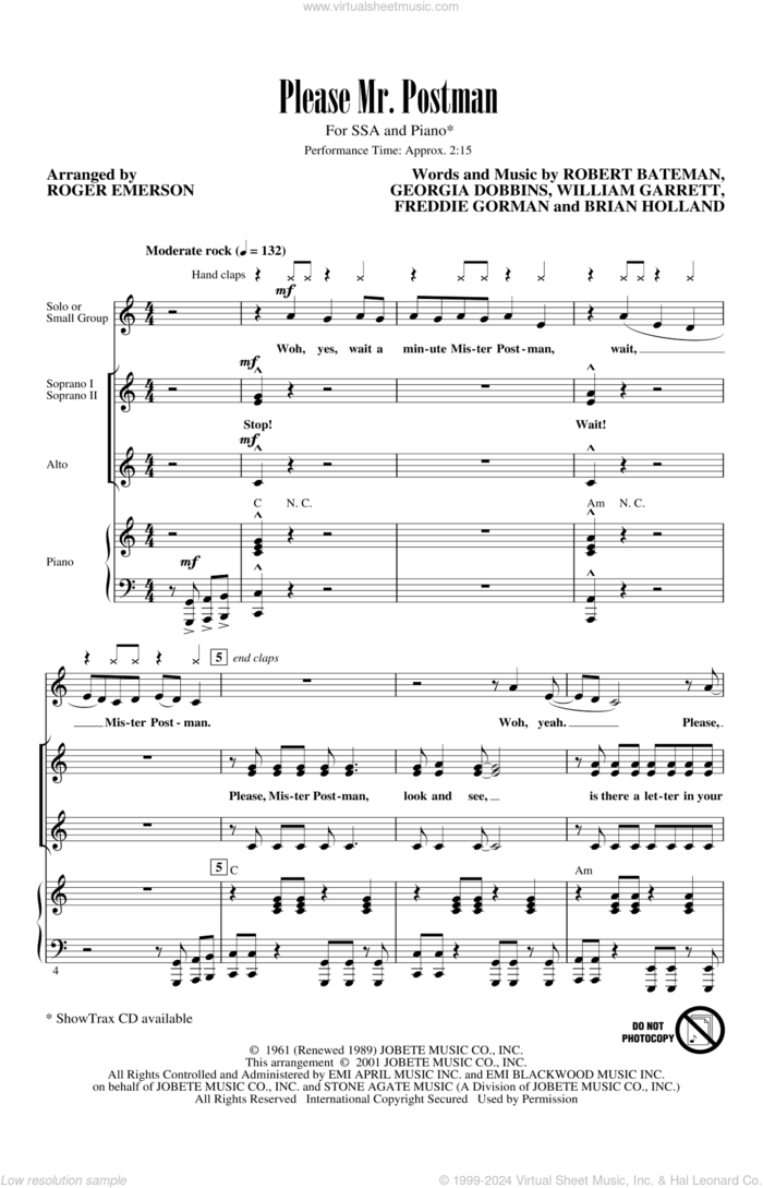 Please Mr. Postman sheet music for choir (SSA: soprano, alto) by The Marvelettes, Roger Emerson, Carpenters, The Beatles, Brian Holland, Freddie Gorman, Georgia Dobbins, Robert Bateman and William Garrett, intermediate skill level