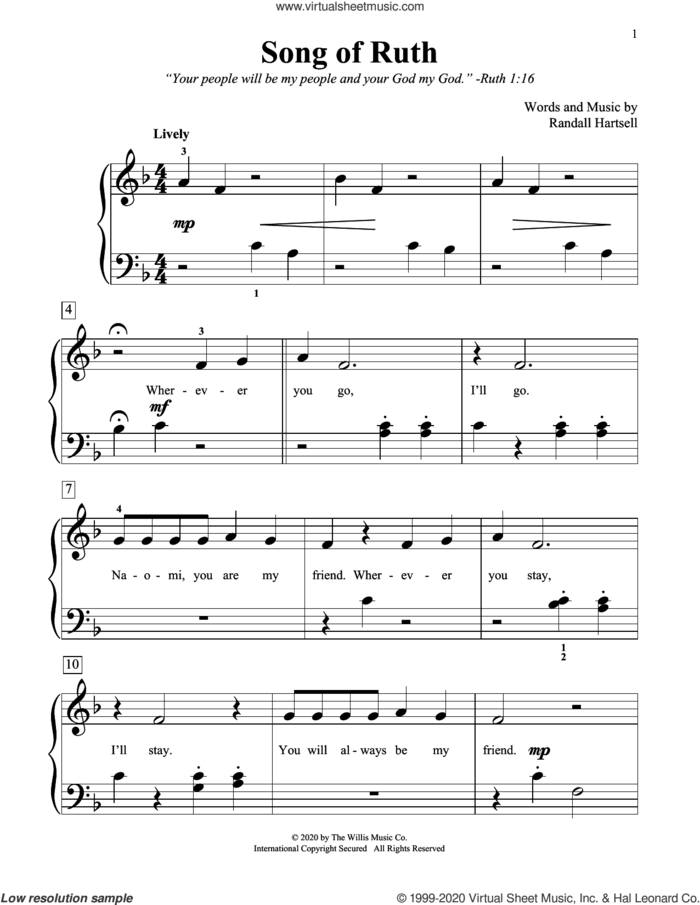 Song Of Ruth sheet music for piano solo (elementary) by Randall Hartsell, beginner piano (elementary)