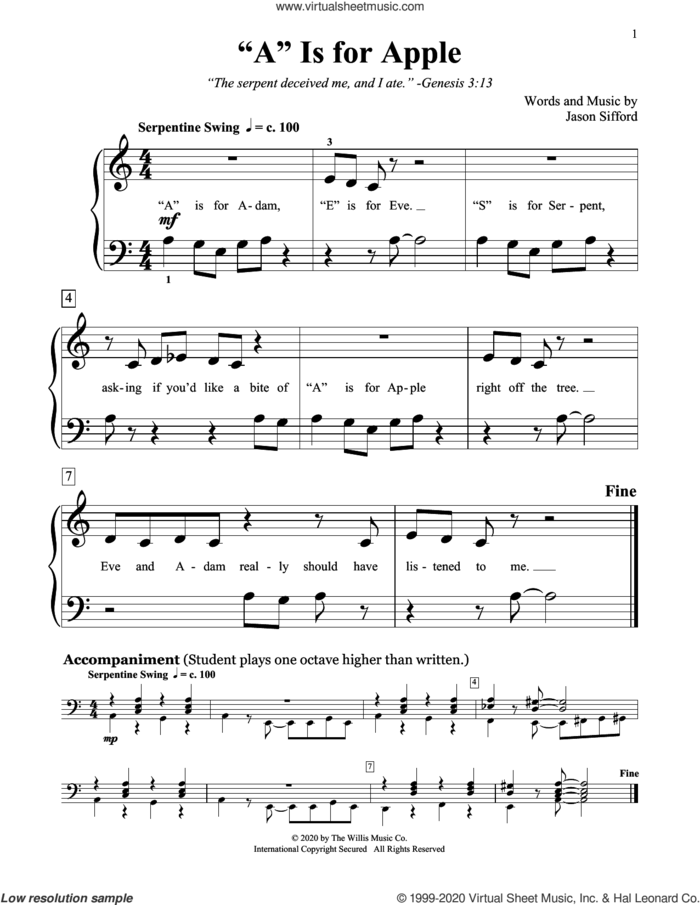 'A' Is For Apple sheet music for piano solo (elementary) by Jason Sifford, beginner piano (elementary)
