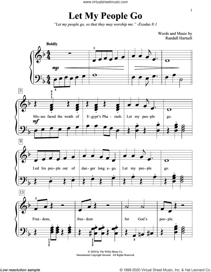 Let My People Go sheet music for piano solo (elementary) by Randall Hartsell, beginner piano (elementary)