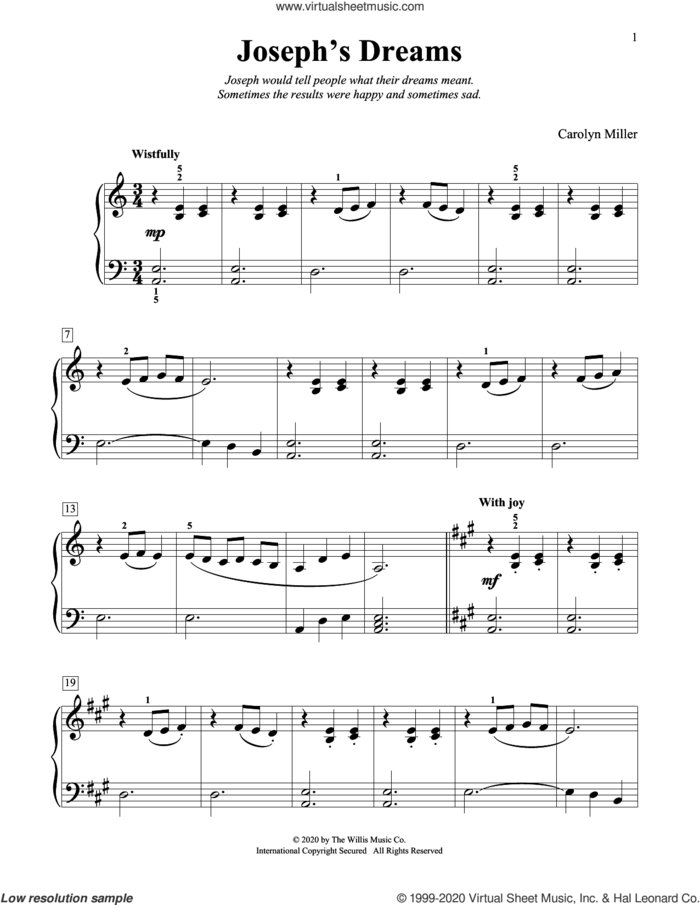 Joseph's Dreams sheet music for piano solo (elementary) by Carolyn Miller, beginner piano (elementary)