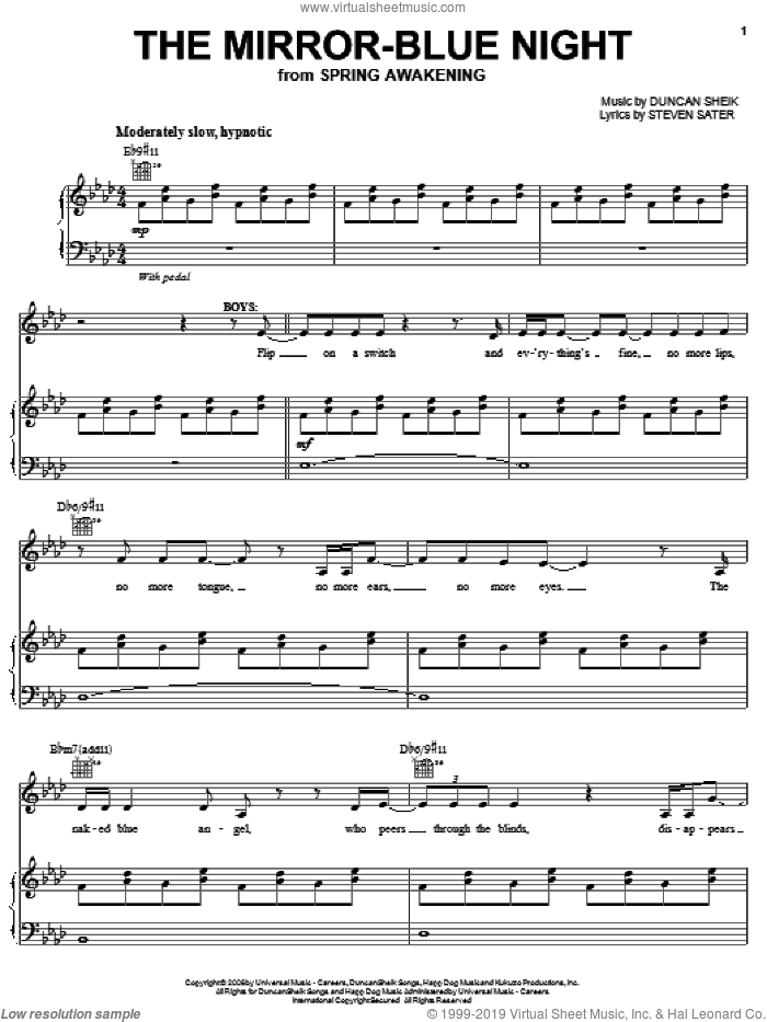 The Mirror-Blue Night sheet music for voice, piano or guitar by Duncan Sheik, Spring Awakening (Musical) and Steven Sater, intermediate skill level