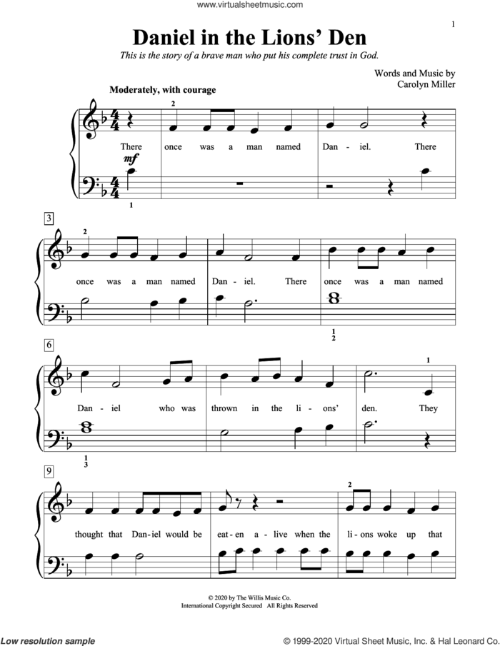 Daniel In The Lions' Den sheet music for piano solo (elementary) by Carolyn Miller, beginner piano (elementary)
