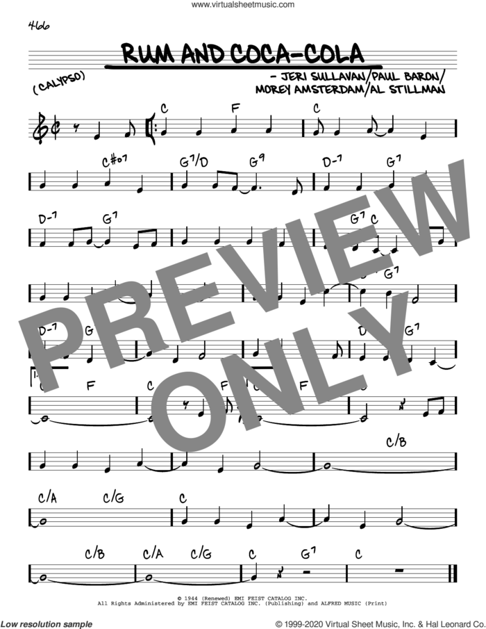 Rum And Coca-Cola sheet music for voice and other instruments (real book) by The Andrews Sisters, Al Stillman, Jeri Sullavan, Morey Amsterdam and Paul Baron, intermediate skill level