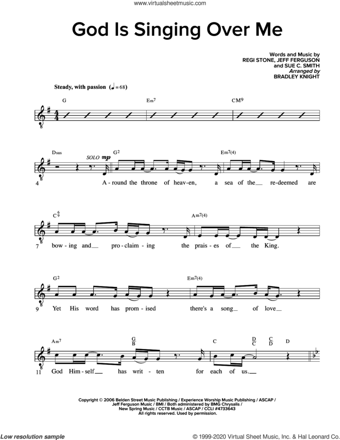 God Is Singing Over Me (arr. Bradley Knight) sheet music for voice and other instruments (fake book) by Regi Stone, Bradley Knight, Jeff Ferguson, Regi Stone, Jeff Ferguson and Sue C. Smith and Sue C. Smith, intermediate skill level