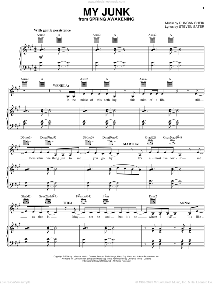 My Junk sheet music for voice, piano or guitar by Duncan Sheik, Spring Awakening (Musical) and Steven Sater, intermediate skill level